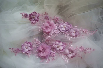 

10 pieces purple 3D lace applique, light lilac 3D flowers beaded lace appliques for bridal dress sewing accessories