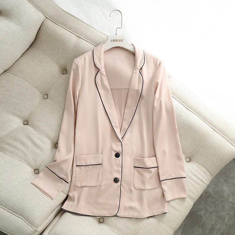 

Bv23 WOMEN'S Dress Summer New Style CHIC Pajamas-Style Loose-Fit Satin Gloss Contrast Color Edge Long Sleeve Thin Suit