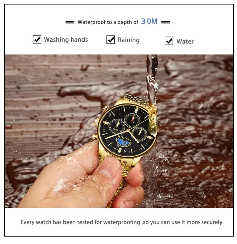 NEKTOM мужские часы с хронографом, спортивные мужские часы, лучший бренд класса люкс, водонепроницаемые полностью Стальные кварцевые золотые часы, мужские часы