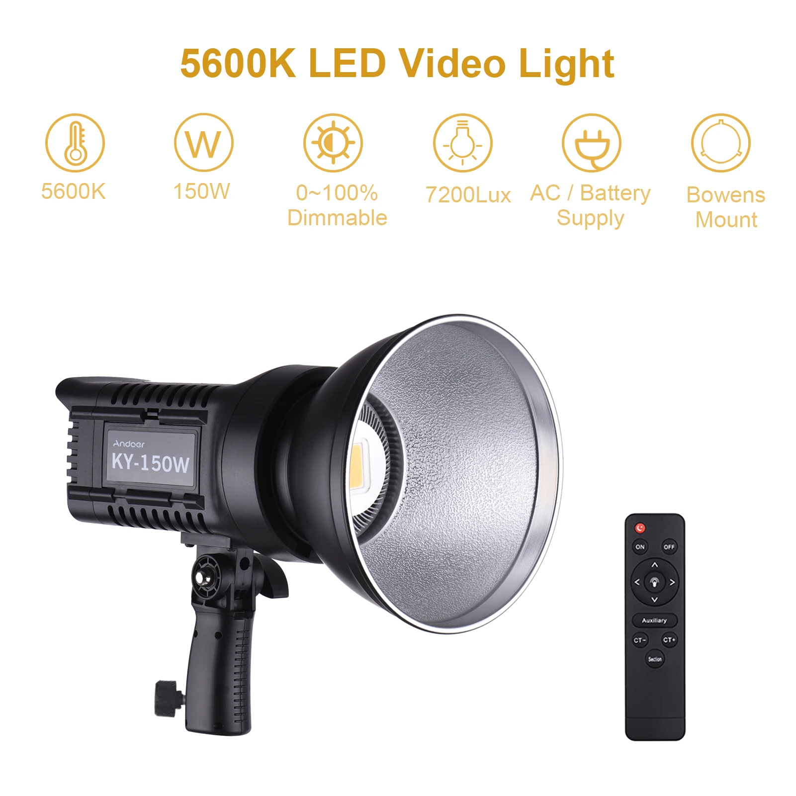 Andoer LED Video Light Studio Portrait Lamp 150W Daylight 5600K CRI93+ TCLI95+ 16000LM USB Port with Remote Control AC Adapter 1
