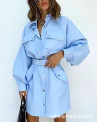 2022 primavera novo feminino ferramentas bolso botão camisa vestido
