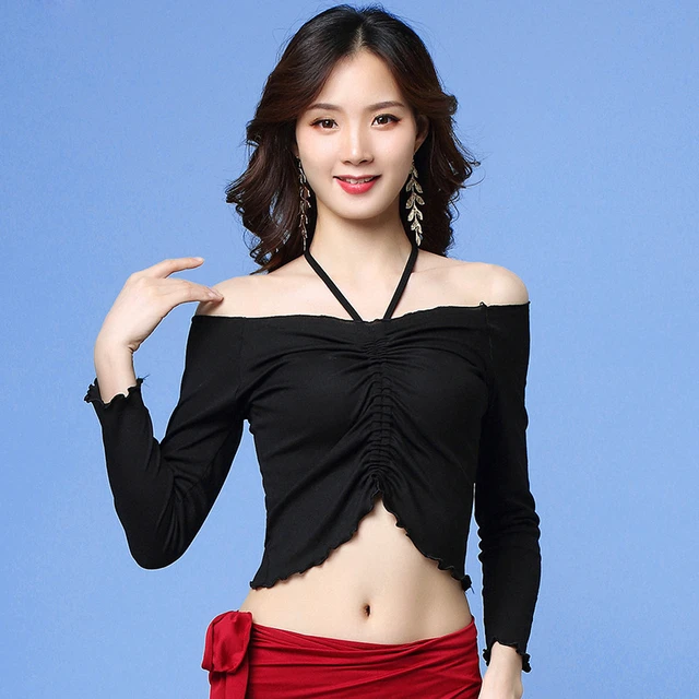 Women Belly Dance Clothes Sexy Top Front Pull Up Crop Halter Long Sleeves  Deep V Neck Bellydance Tops - Belly Dancing - AliExpress