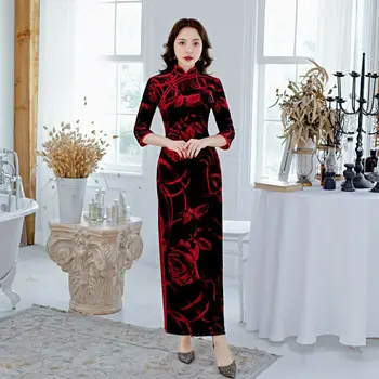 

Chinese Traditional Long Cheongsam Women Velvet Dress Prom Qipao M to 4XL