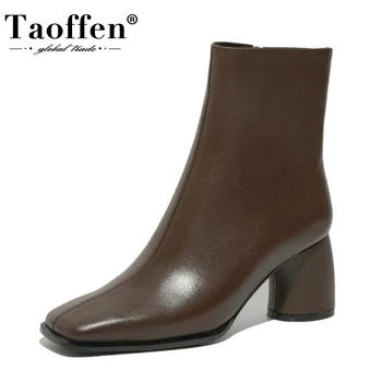 

Taoffen Real Leather Women Ankle Boots Fashion Zipper High Heel Winter Shoes Woman Warm Short Boot Office Footwear Size 34-39