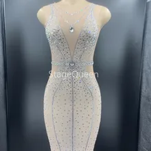 Наряд певицы, сексуальные стразы, Прозрачное платье, вечерние платья для выпускного вечера, сетчатый костюм для женщин, вечернее платье для танцев, платья для празднования дня рождения