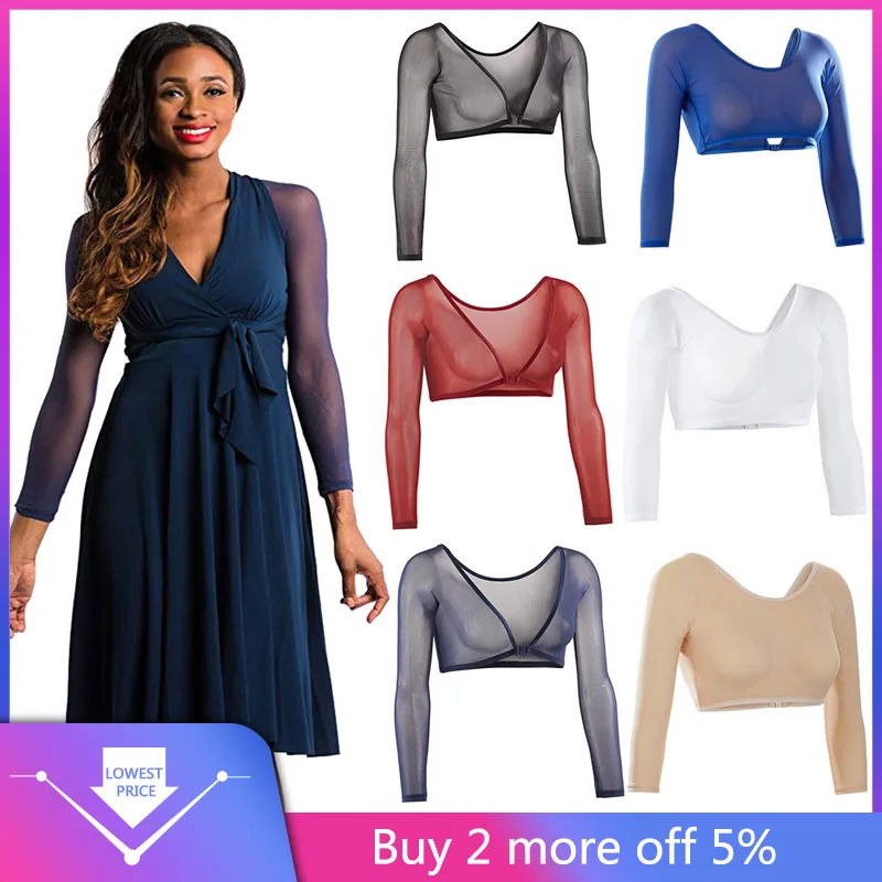 Women Both Side Wear Sheer Plus Size Three Quarter V-Neck Seamless Arm Shaper Crop Top Shirt Blouses#25