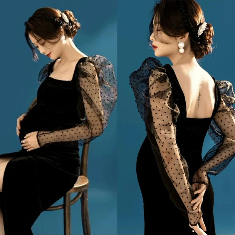 

Photography Props Maternity Dresss For Pregnant Women Photo Shooting Maxi Dresses Black Lace Sleve Pregnancy Maxi Dresses Clothe