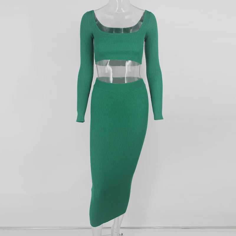 Fuedage осень, сексуальное трикотажное платье, комплект из двух предметов, Женский облегающий короткий топ, длинное платье, зеленое, комплект из 2 предметов, женское платье