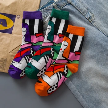 

New Abstract art girl socks painting Colorful novelty Funny party dress crew Socks Elastic comfortable Cotton street socks women