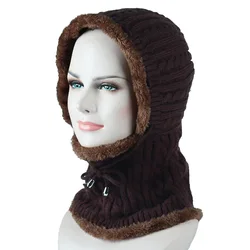 Winter fleece knitted hat Conjoined wool hat Lady outdoor skiing warm jumper cold cap head ear cover 002