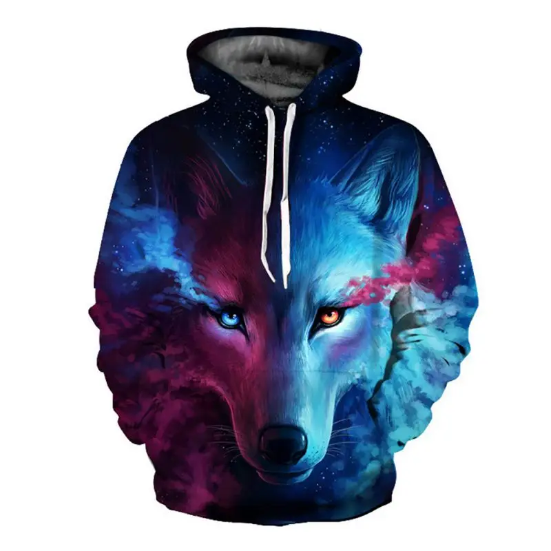  Men Athleisure Sweatshirts Loose Sport Hooded Hoodies Blue Rose Wolf 3D Print Sweatshirt S-3XL Hood