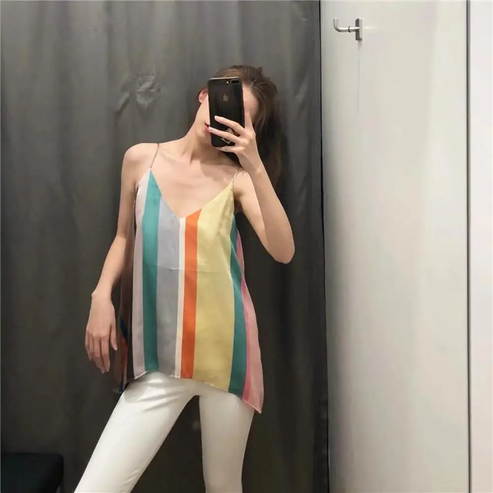 

SanHuaZ 2019 Summer Women's Camis Tops Casual Beach Sexy Club Sleeveless Backless Striped Women Short Camis