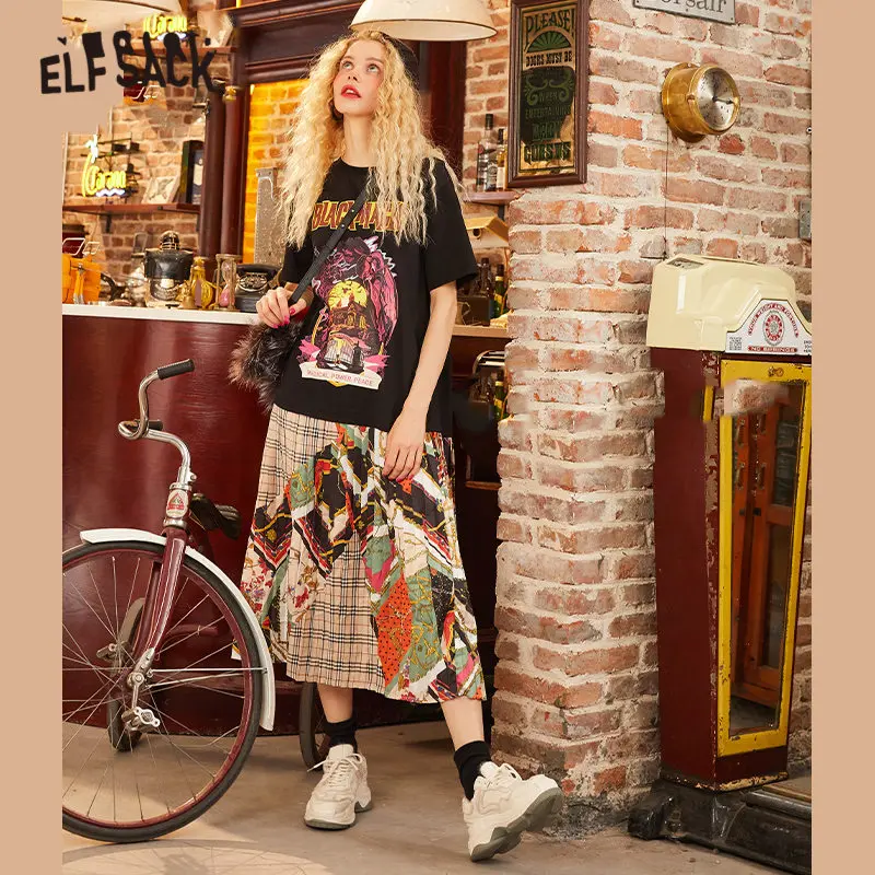 

ELFSACK Black Graphic Print Casual Dresses Women 2020 Spring Plaid Patchwork Short Sleeve Korean Ladies Fake Two Pieces Dress