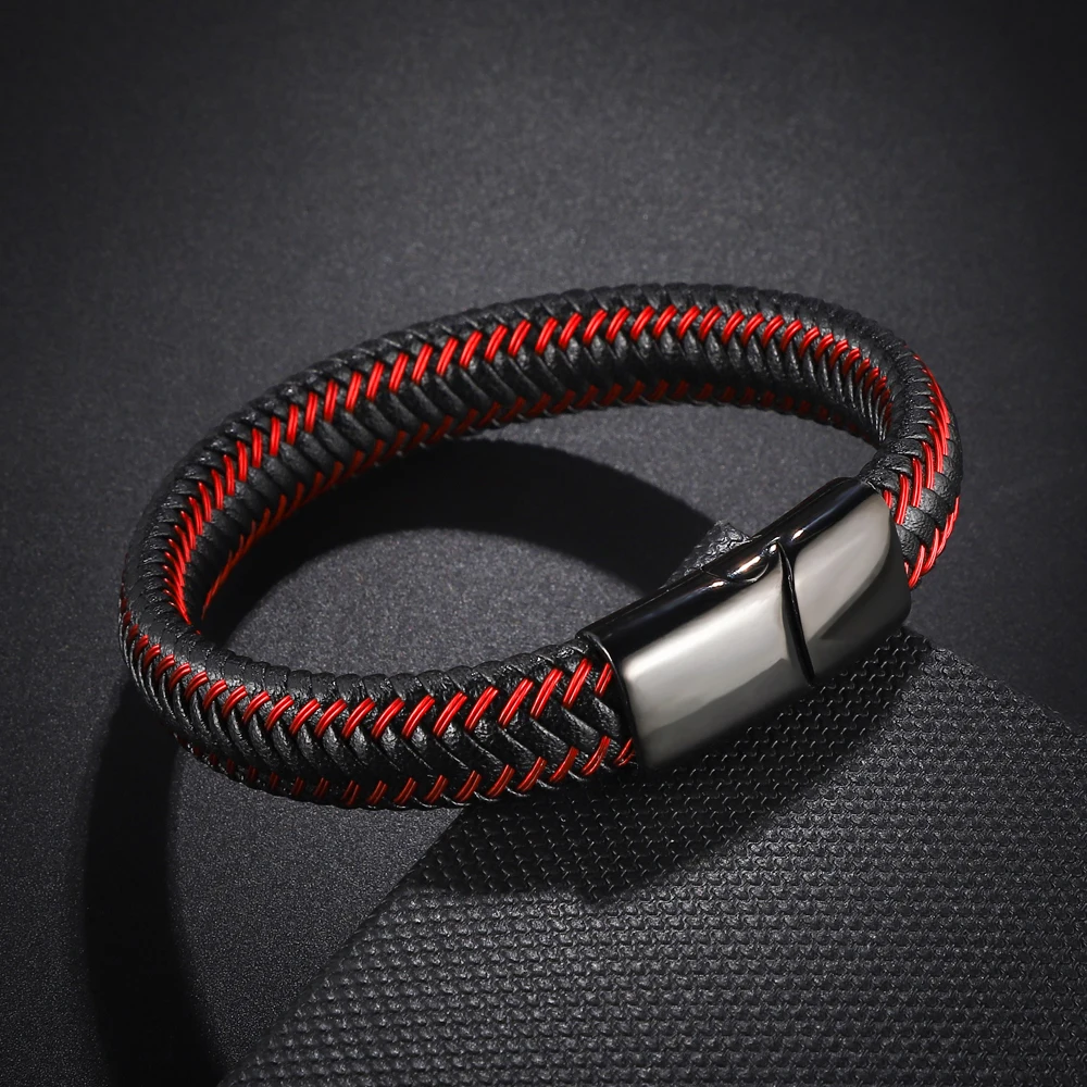 Trendy Men's Red Blue Genuine Leather Bracelet Stainless Steel Magnet Clasp Couples Jewelry Gifts for Unisex - Image 4