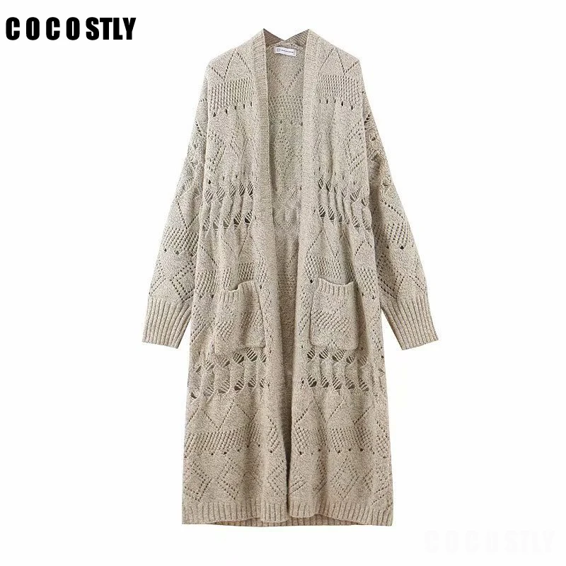 

Autumn Women Cardigan Hollow Out hole Maxi Long Cardigan Double Pockets Mohair Sweater Long sleeve Loose Long Knitwear Jumper