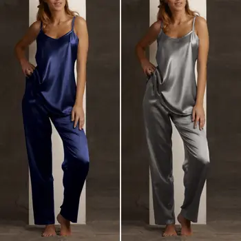 

Fashion Silk Sleepwear Women's Pajama Sets 2020 Summer Spaghetti Strap Underwear Female Solid Elastic High Waist Pants Plus Size