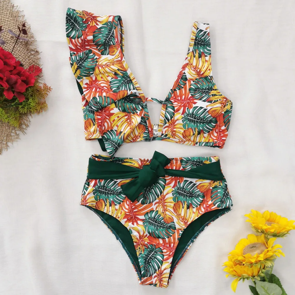 swimwear Swimsuit 2021 Summer New Bikini Set Ruffled Women Floral Swimwear Sexy Print V-Neck Beach Bathing High Waist Biquinis Two Piece swimsuits for women