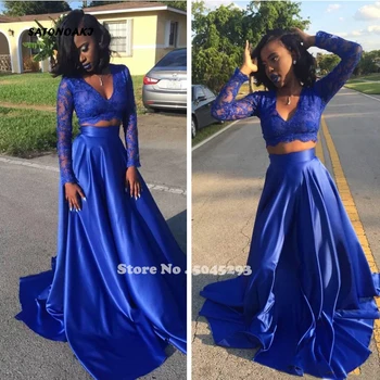 

SATONOAKI 2019 New Summer Royal Blue Black Girl Sexy Two Pieces Prom Dress Lace Applique Long-Sleeve V Neck Formal Evening Gown