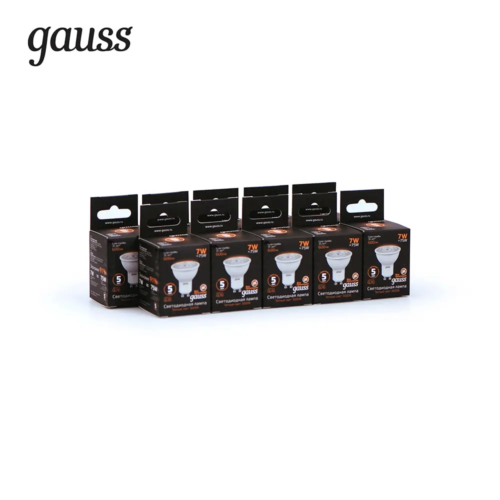 Упаковка ламп GAUSS LED MR16 GU10 7W 600lm 3000K 1/10/100, 10 штук, 101506107