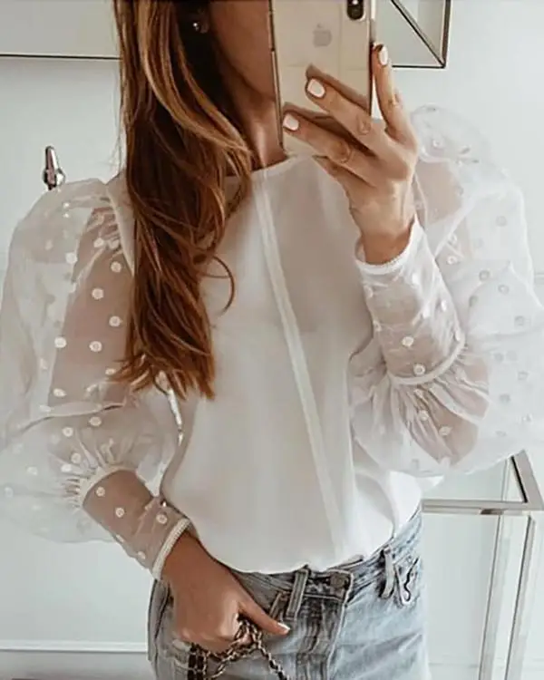 See-through Women Mesh Sheer Blouse Top Shirts o-neck Lace Puff Sleeve Tops Woman Summer Casual Blouses Female See-through Women Mesh Sheer Blouse Top Shirts o-neck Lace Puff Sleeve Tops Woman Summer Casual Blouses Female