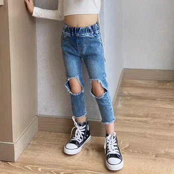 

Girls' ripped feet pants 2020 autumn new elastic net red same paragraph children's pants children's nine-point pants