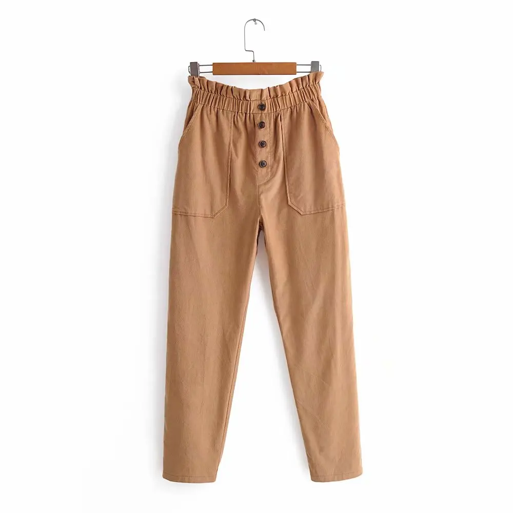 

autumn brown pants women england office buttons wide leg pant trousers women Elastic pants harem pants loose high waist pants