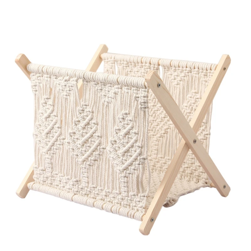 H7JB Macrame Magazine Rack Boho Magazine Holder Storage Standing Basket for Books Newspapers Notebook Swaddle Blanket Living