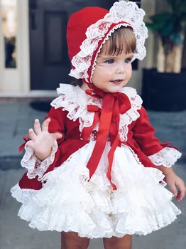 

4 Pcs/Set Spanish court style Red Baby Girl Princess Dress Lolita children clothing dress suit three-Layer Lace