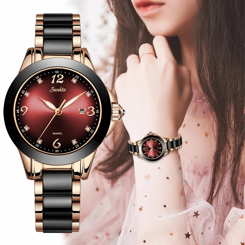 Cerâmica e Liga Relógio de Pulso Quente Sunkta Marca Moda Relógio Feminino Luxo Pulseira Analógico Montre 2019 Mod. 150662