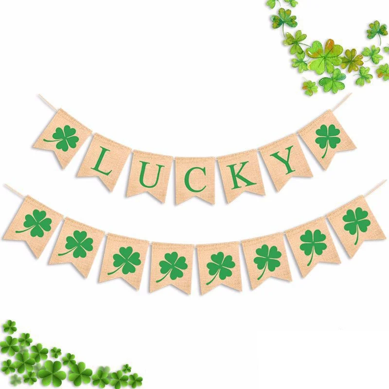 

LUCKY Four Leaf Shamrock Jute Burlap Banner St Patrick's Day Irish Festival Decorative Hanging Bunting Galand Ornament