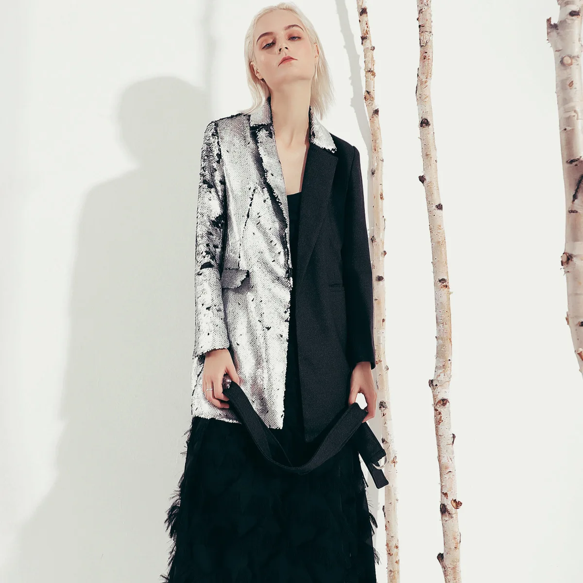 High Street New Style Two-color Sequins Personality Stitching Suit Collar Mid-length Suit Jacket Women  Blazer