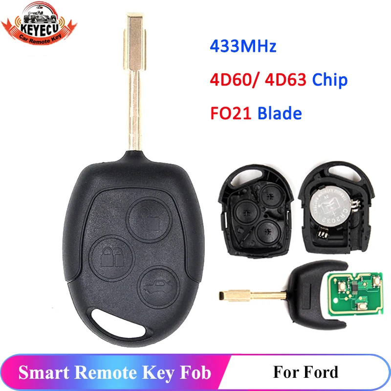 

KEYECU 3 Button Remote Key Fob 433MHz 4D60 4D63 Chip for Ford Mondeo Focus Fusion Fiesta Galaxy Transit Full Car Key FO21 Blade