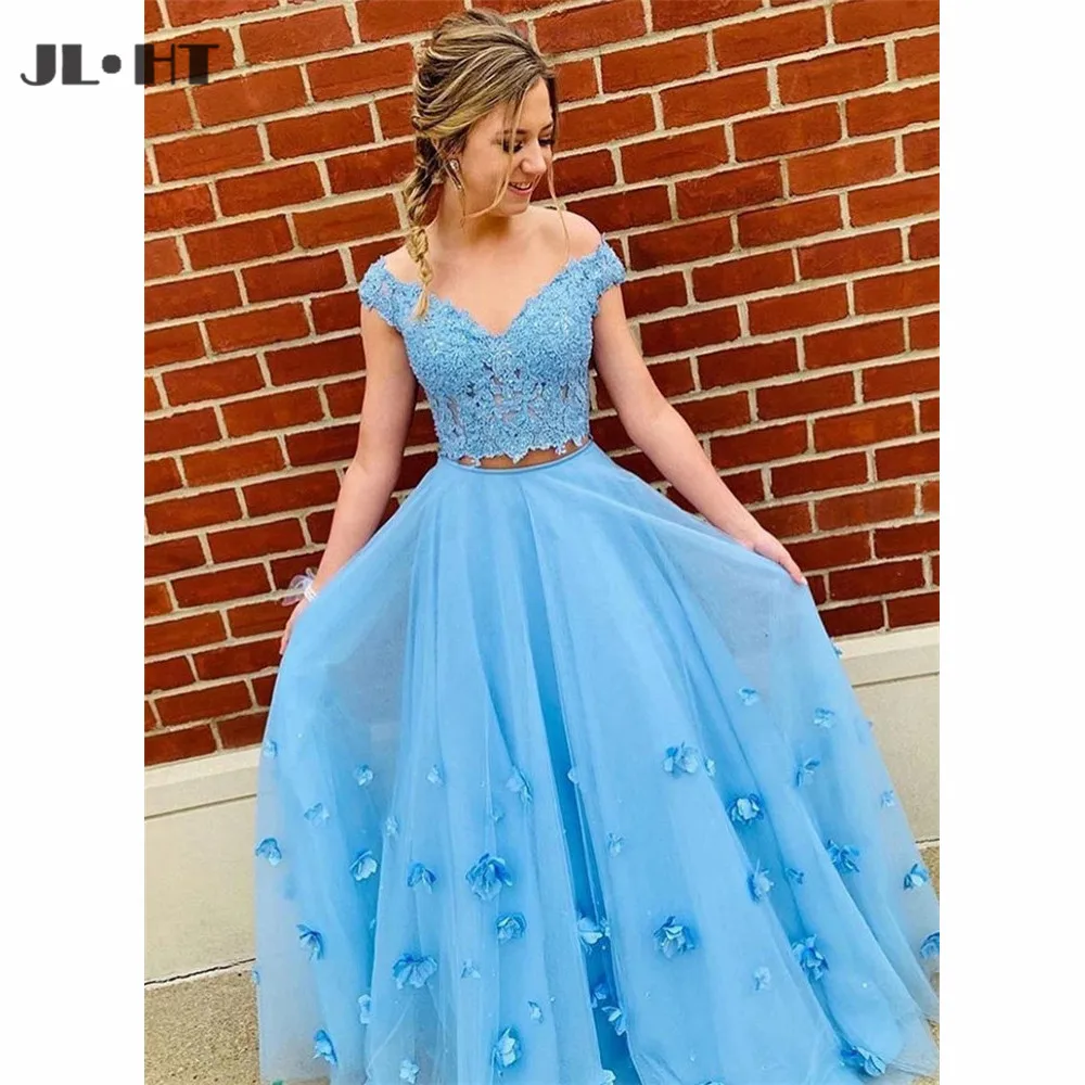 Amazing Two Pieces Gown Evening Dresses Long with Flowers Lace Applques Prom Dress Tulle Gowns | Свадьбы и торжества