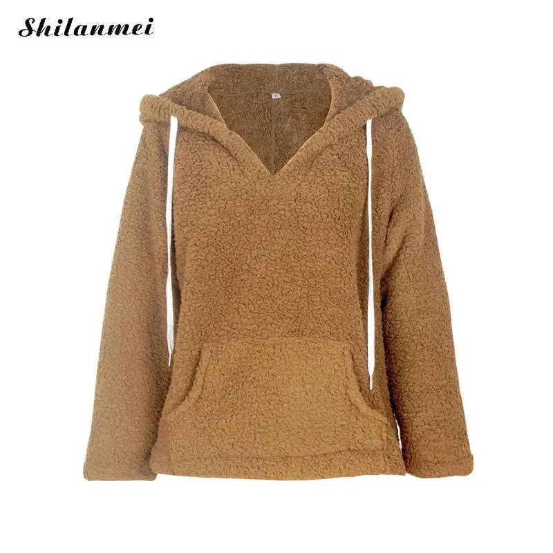 Women Fleece Hoodies Autumn Plush Casual Hooded Pullovers V Neck Female Sweatshirt Winter Warm Pocket Teddy Pullover Mujer
