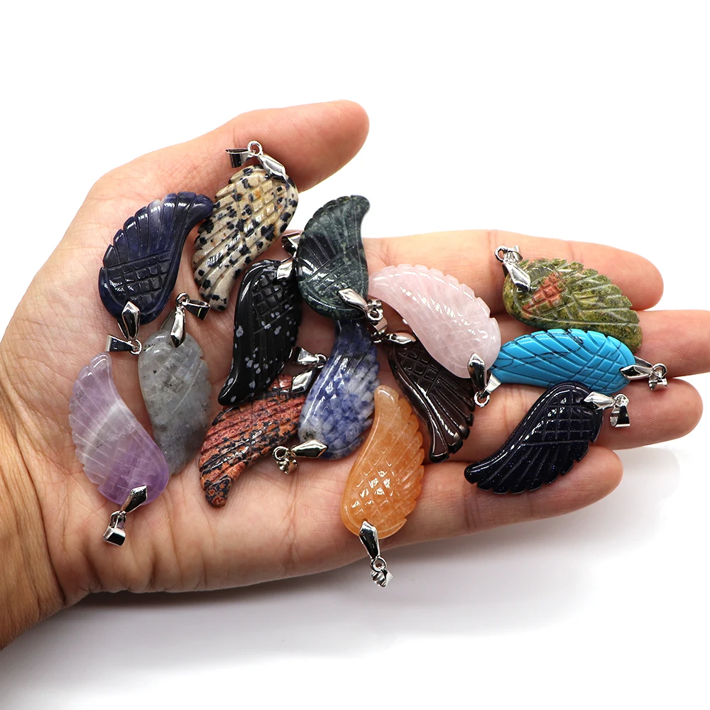 1PC Angel Wing Pendants Natural Crystal Healing Gemstone Amethyst Lapis Lazuli Agate Quartz Women Men Charm for Necklaces Gift