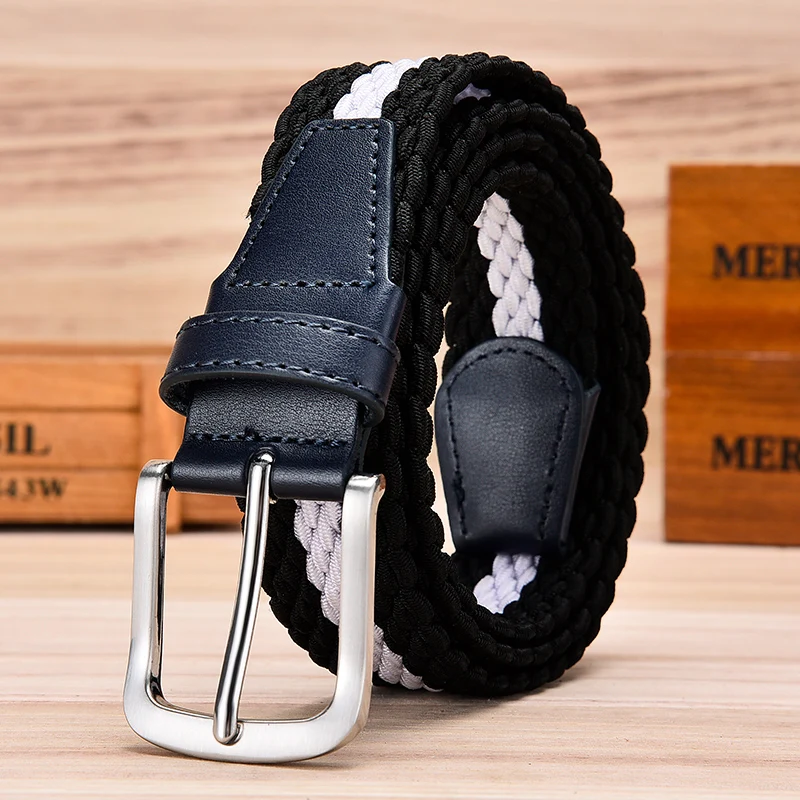 Fashion Casual Stretch Woven Belt With Leather Tip Top Elastic Belts For Men Jeans Mixed Color Braided Strap Zinc Alloy Buckle