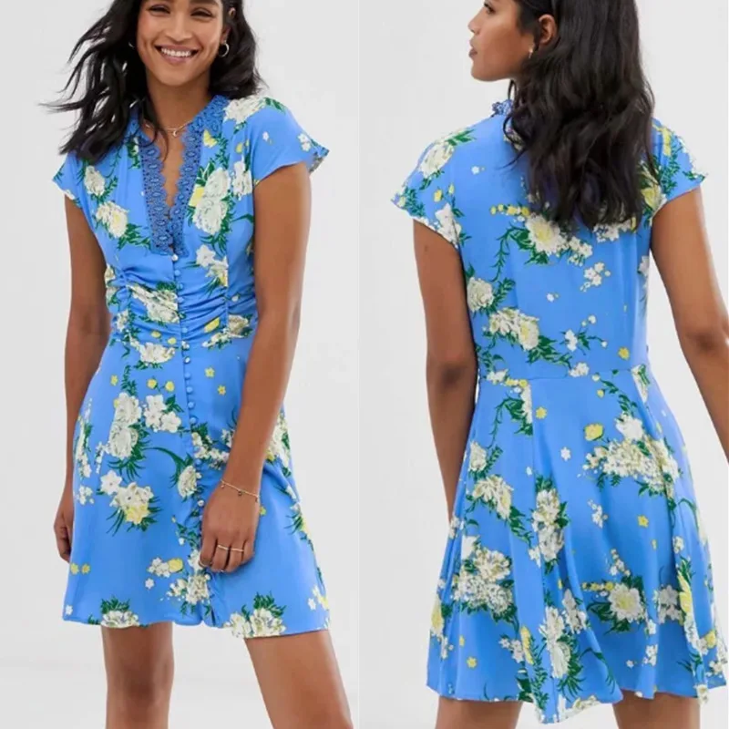

Europe And America 2019 Summer New Style Slim Fit Slimming Blue Print Lace Collar Single Breasted Short-sleeve Dress Women's