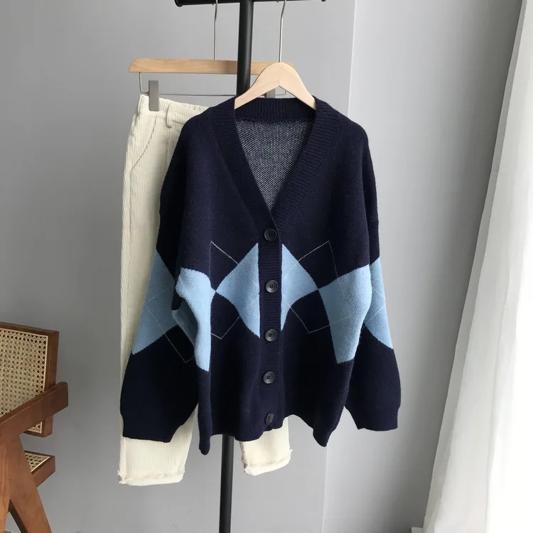 HXJJP осень и зима Повседневный свитер геометрический v-образный Вырез Свободный вязаный женский кардиган - Цвет: Purplish Blue
