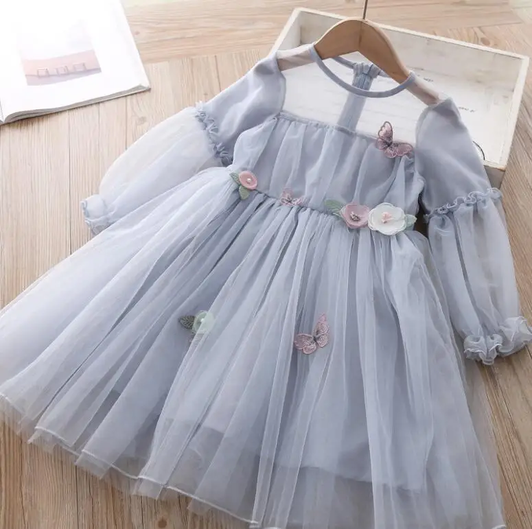 Новые весенние детские сетчатые платья с бабочками, модная Милая одежда принцессы для девочек, 5 шт./партия