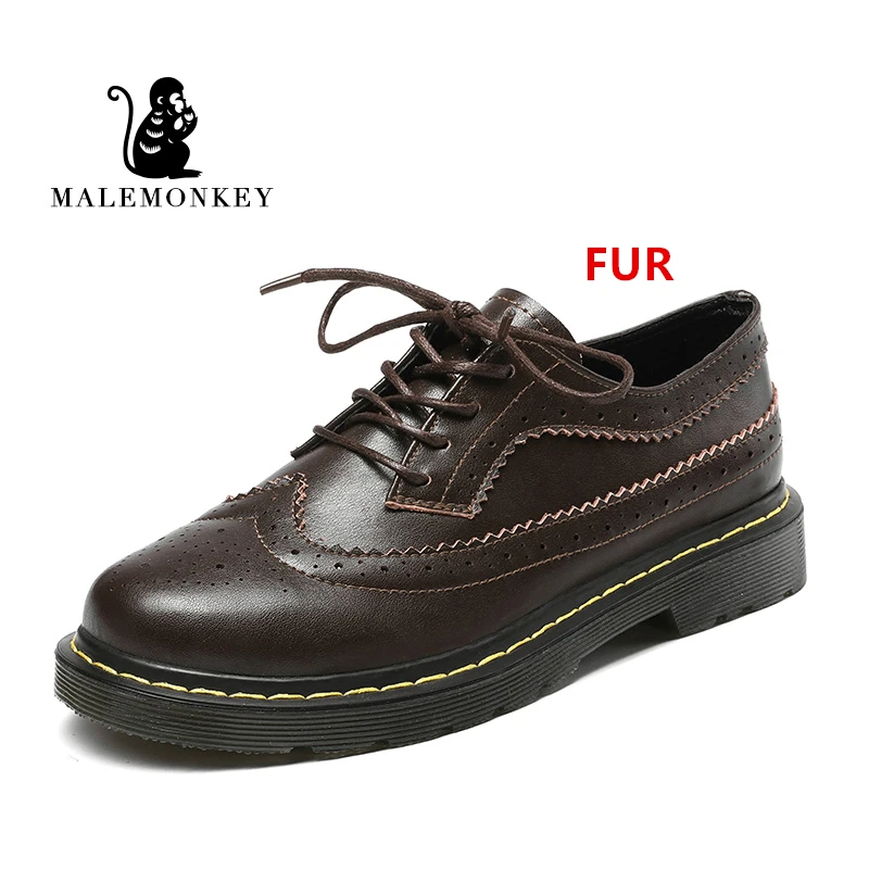 Brown fur MALEMONKEY/Роскошные брендовые дизайнерские туфли; Новинка года; модная женская обувь; оксфорды из натуральной кожи; черные туфли; сезон осень-зима; zapatos mujer - Цвет: Brown fur