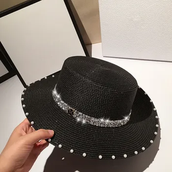 

202005-jiejia Shiny webbing pearl lady paper fedoras cap women panama jazz outdoor hat
