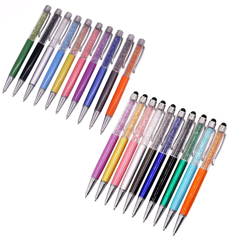 2 Pcs Metal Crystal Ballpoint Pen Capacitor 0.7mm Blue Refill Pen