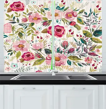 

Floral Kitchen Curtains Shabby Form Flowers Roses Petals Dots Leaves Buds Spring Season Theme Image Artwork Window Drapes