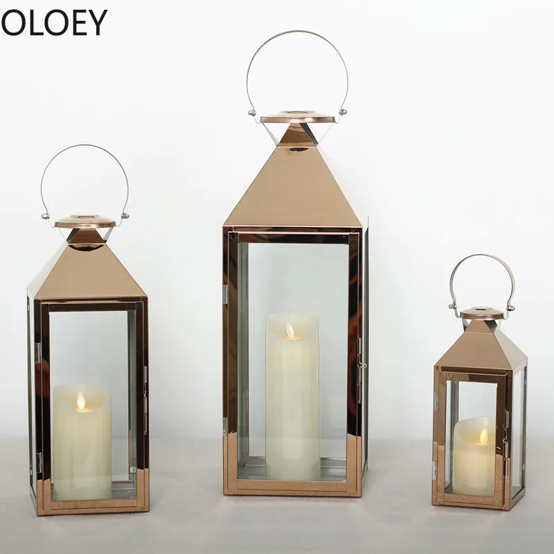 Tall Rose Gold Candle Holders Iron Lantern Candlestick Outdoor Silver Stainless Steel Romantic Wind Lamp Crystal Candelabra 2020