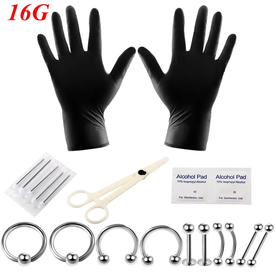 

14G 16G 20Pcs/Set Body Piercing Tool Kits Gloves Pliers Puncture Needle Lip Eyebrow Tongue Cartilage Horseshoe Rings Piercing