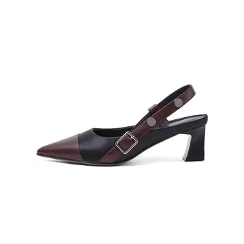 

Summer shoes women sandals genuine leather stitching fabric comfortable leather lining pointed 7CM thick high heel women's shoes