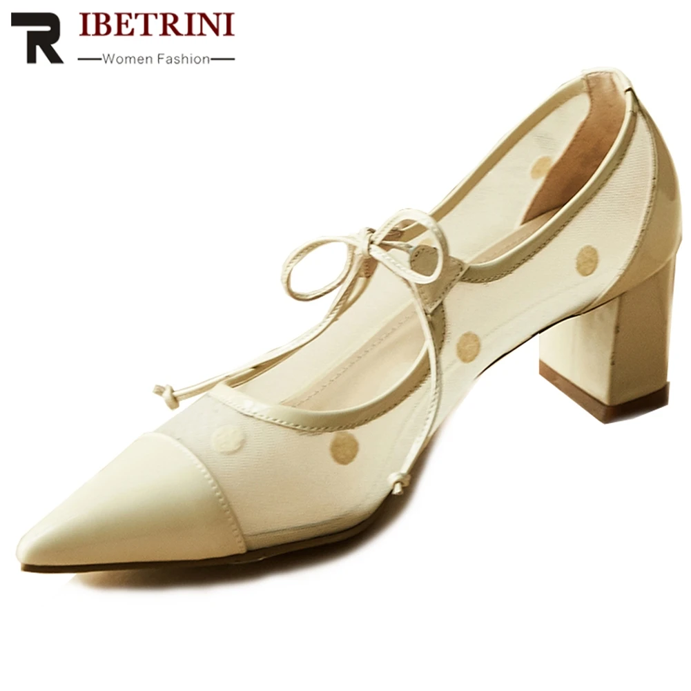 

RIBETRINI Brand Design Female Genuine Leather Shoes Woman Fashion Bowtie Pointed Toe Pumps Women Spring Summer Party Ol Pumps