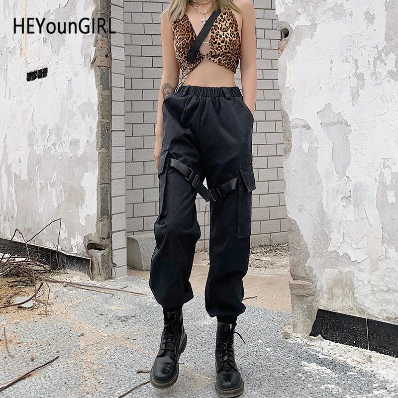 HEYounGIRL Harajuku Брюки карго с высокой талией женские черные повседневные Дамские Брюки Модные Спортивные Брюки с карманами уличная одежда