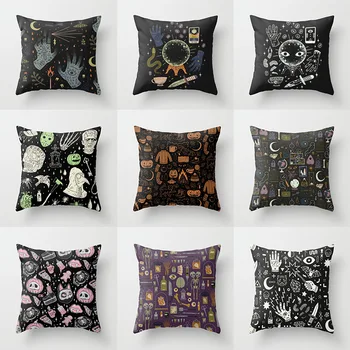 

Single-side Polyester Halloween Black White Decorative Pillow Case Cartoon Spider Ghost Skull Grey Cushion Cover Sofa Vintage
