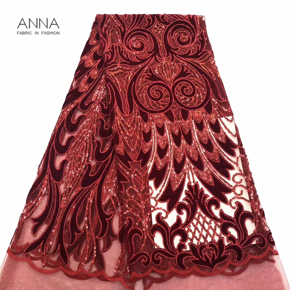 ANNA Новые шнурок из Африканской ткани и бархата Высокая качественная французская кружевная ткань с блёстками ярко-оранжевый 5 ярдов для женское платье